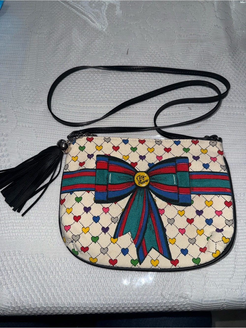 Brighton 2000's White Crossbody with Multicolor Heart Print & Teal-Red Bow2